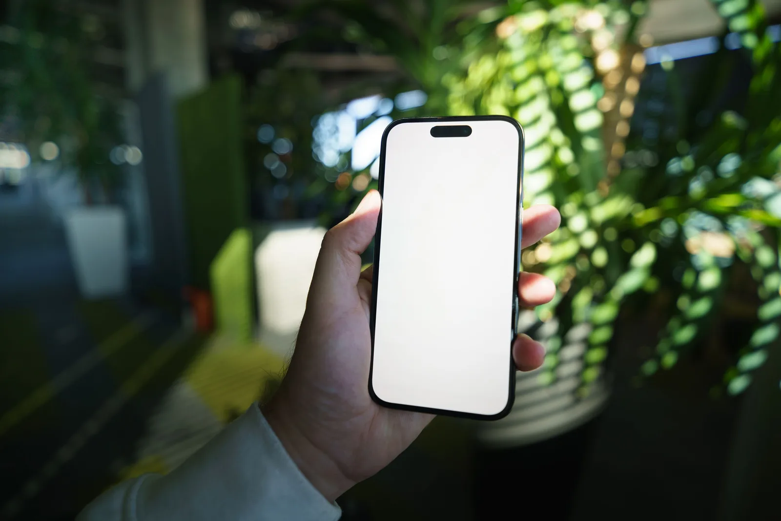 A person holding a smartphone with a blank screen in a bright, modern office with greenery. Canada's news link rules: what US social media users actually lose